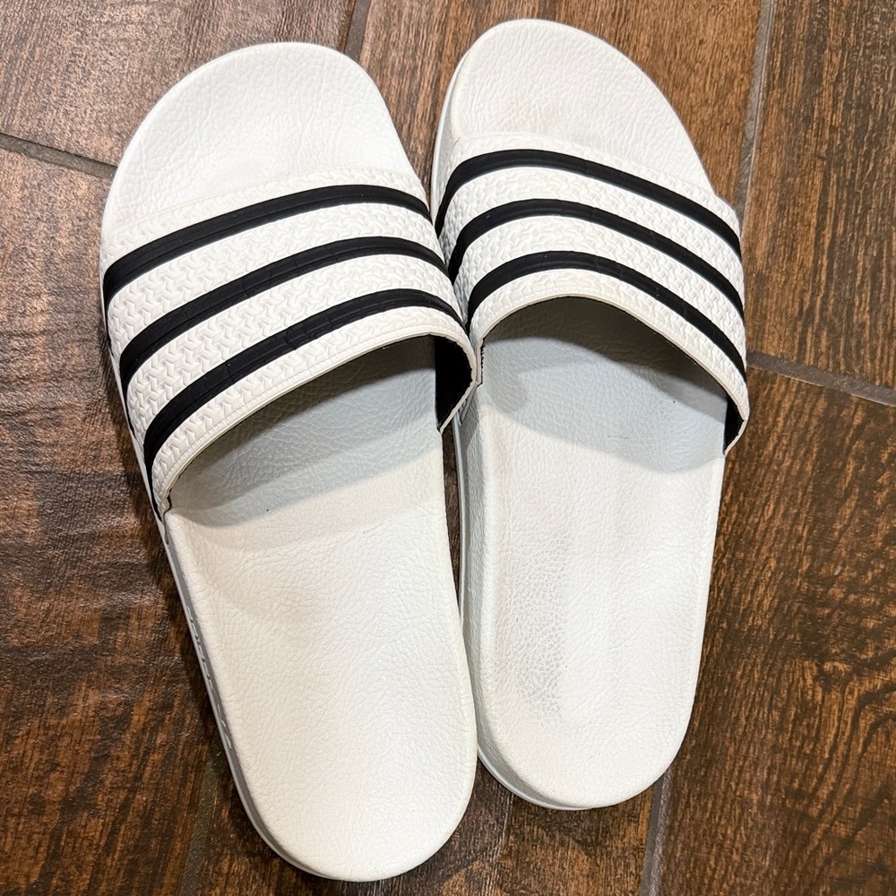 Adidas White Slides with Black Stripes size 9